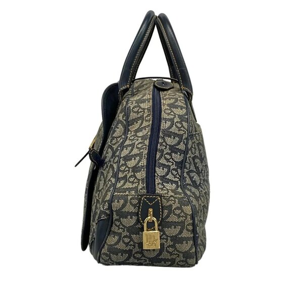 Auth DIOR/ChristianDior Double Saddle Bag - Navy Cream Jacquard Leather Handbag - Picture 4 of 15